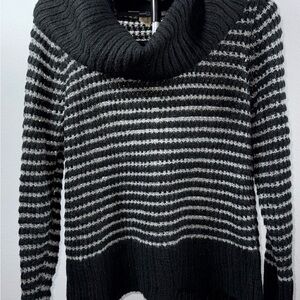 DKNY Black and Gray Striped Cowl Neck Sweater